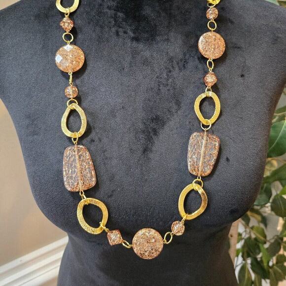 Womens Fashion Brown Crystal Gold Tone Disc Linked Chain Necklace Jewelry - Picture 1 of 6